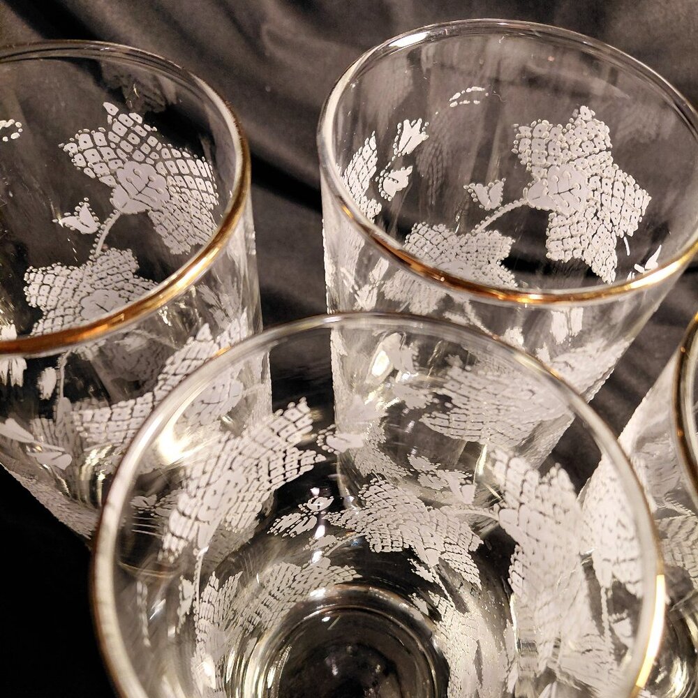4 Perfect Libbey Vintage Raised Frosted with Gold Rim 10 oz. Glasses
